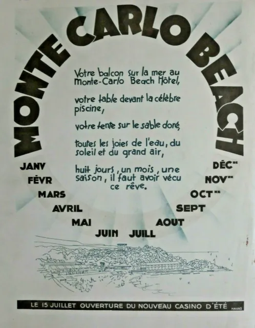 1931 Press Advertisement Mount Carlo Beach Your Balcony On The Sea