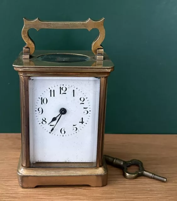 Antique Arabic Numerals Enamel Face French Brass & Glass Carriage Clock c.1920