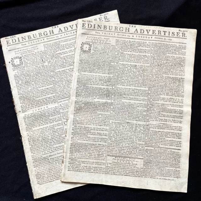 2 rare 1795 EDINBURGH SCOTLAND newspapers FRENCH REVOLUTION Half Penny Tax Stamp