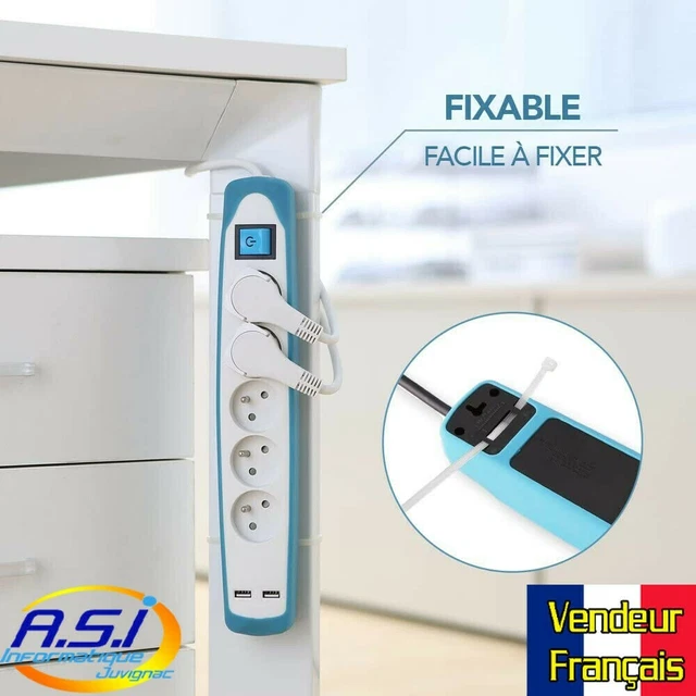 Bloc Multiprises 5 Prises + 2 USB prise multiple 2M bleu VENDEUR FRANCAIS