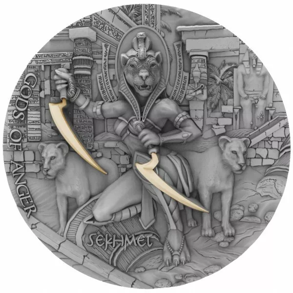 2021 $5 Niue Gods Of Anger SEKHMET Antique Finish 2 Oz Silver Coin.