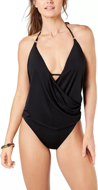 BAR III Draped Front Halter One Piece Swimsuit sz M Medium Black