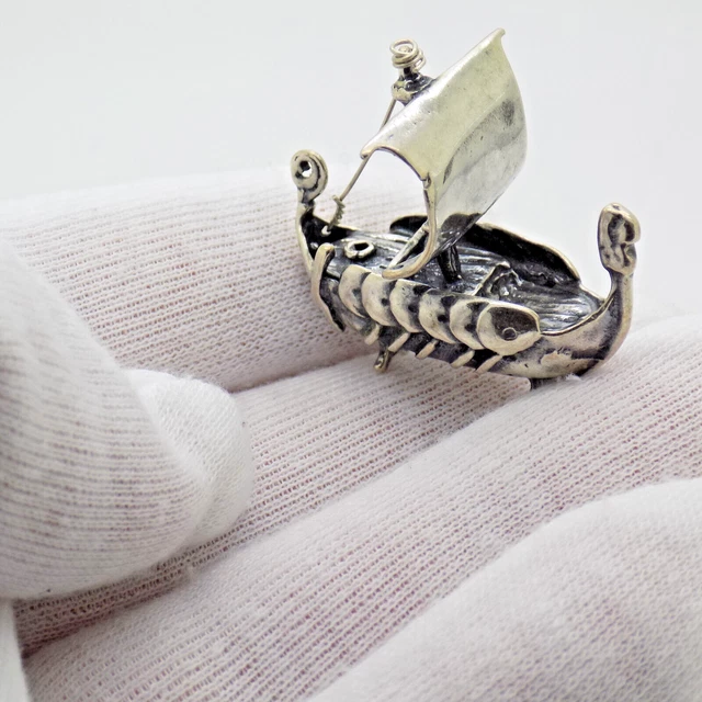 Vintage Italian Handmade Genuine Silver Dollhouse Viking Ship Miniature