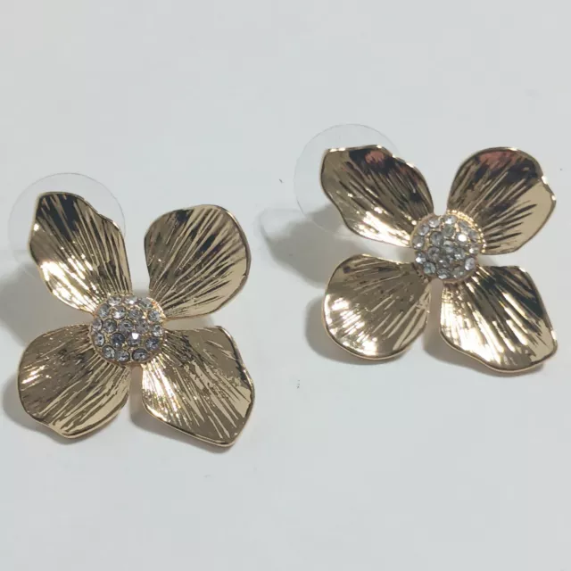 Jessica Simpson Gold-tone 4 Petal Flower Rhinestone Center Pierced Earrings