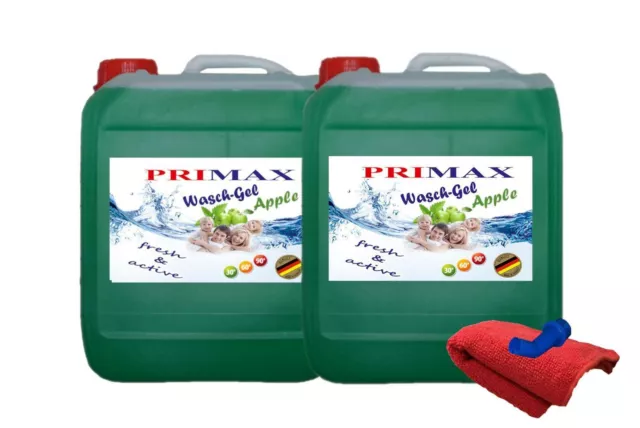 2 x 10 Ltr Primax Apfelgel Flüssig Waschmittel mit Tuch + Ausgießer Waschpulver