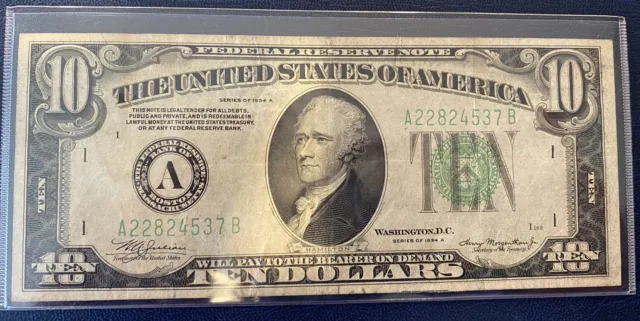 1934 A Ten Dollar Federal Reserve Note $10 Bill Green Seal. Circulated