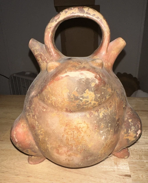 Pre-Columbian Reproduction Frog Effigy Double Water Spout Vessel Terracotta