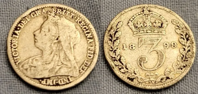 MASSIVSILBER alte drei Pence 1899 Vintage Münze antik Netflix TV Show viktorianisch