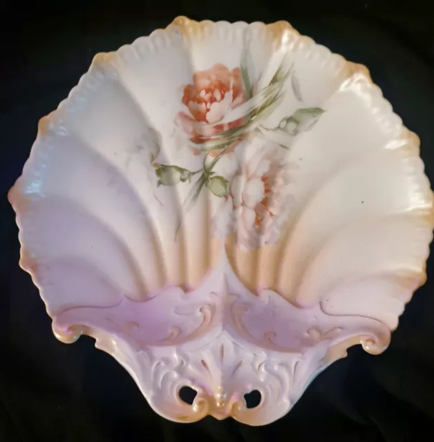 Rare vintage RS shell shaped dish hand painted flowers germany poland