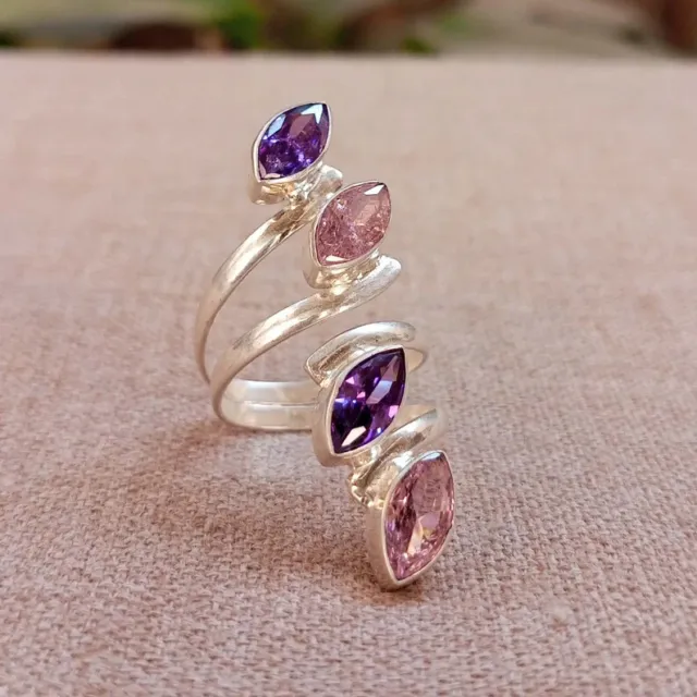 Rose Quartz & Amethyst Ring Solid 925 Silver Handmade Lovely Ring All Size AP872