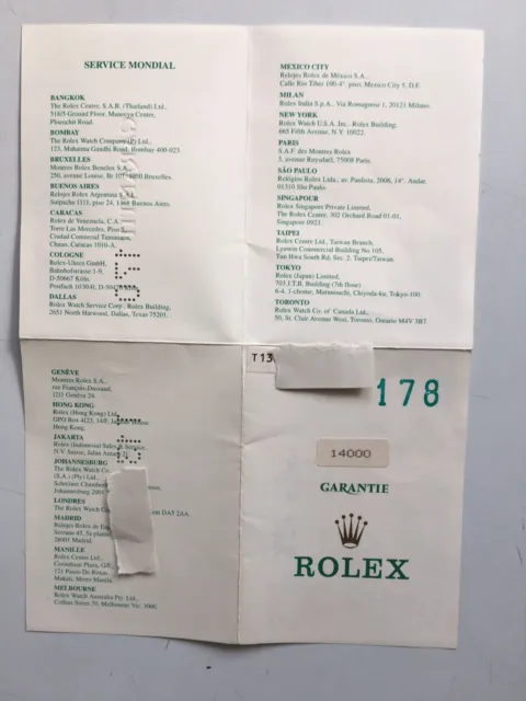 Rolex Certificato Garanzia Ref. 14000 Seriale T Anno 1996