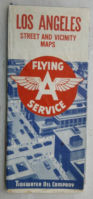1957 Los Angeles  street road map Tidewater Flying A oil gas Watts