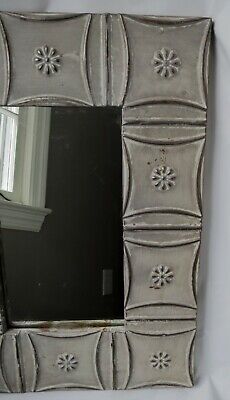 Tin Wall Mirror 16.5 x 23 Silver Gray Salvage Ceiling Tiles Shabby Embossed OOAK 3