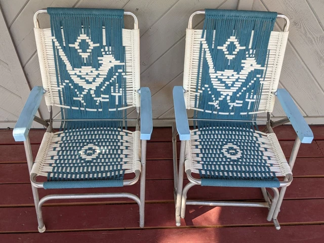 VTG Aluminum Macrame Folding Lawn Patio Chairs (1 Rocker) Woven Pair- Roadrunner