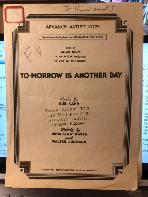 1937 Advance Sheet Music A DAY AT THE RACES Marx Brothers Film