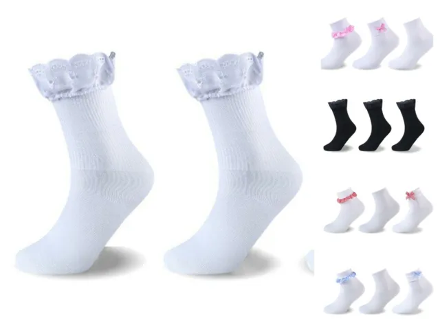 6 Or 12 Pairs GIRLS LACE SOCKS School Socks for Kids Frilly Lace Ankle Bow Check