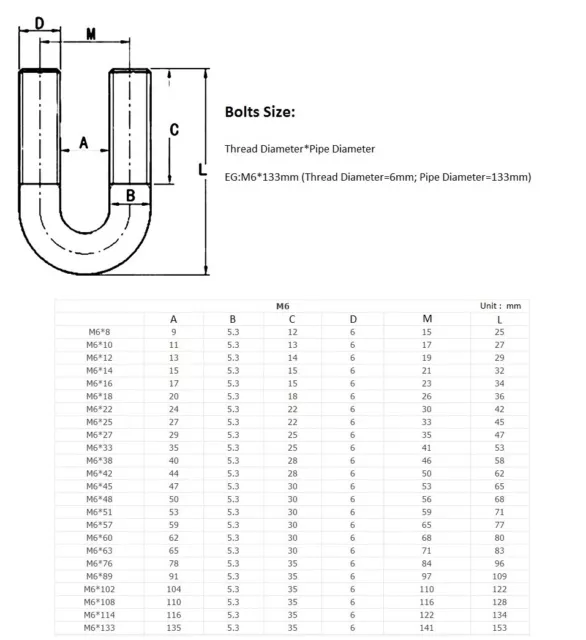 M6 M8 M10 M12 U Bolts Clamp U-Shaped Pipe Clamps Bolt - A2 304 Stainless Steel 2