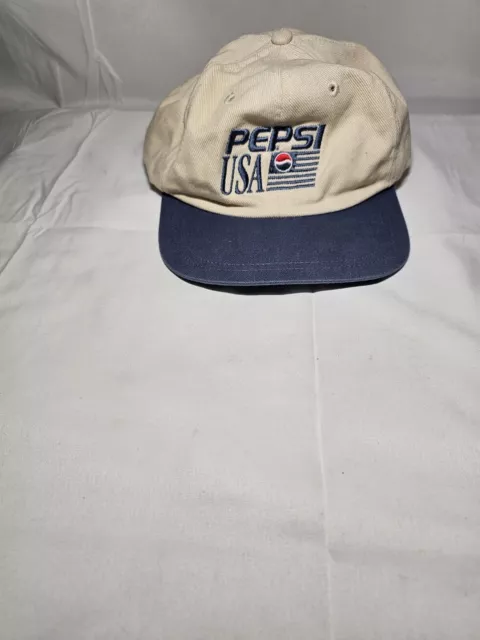 Vintage Pepsi USA Beige / Blue Embroidered Logo Adjustable Strapback Hat