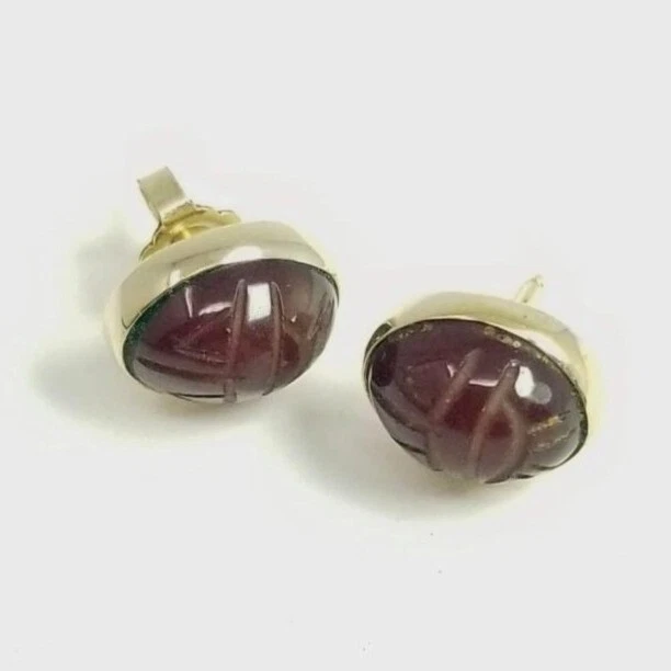 Vintage Van Dell Carved Scarab Stud Earrings, 12k Yellow Gold Filled Settings
