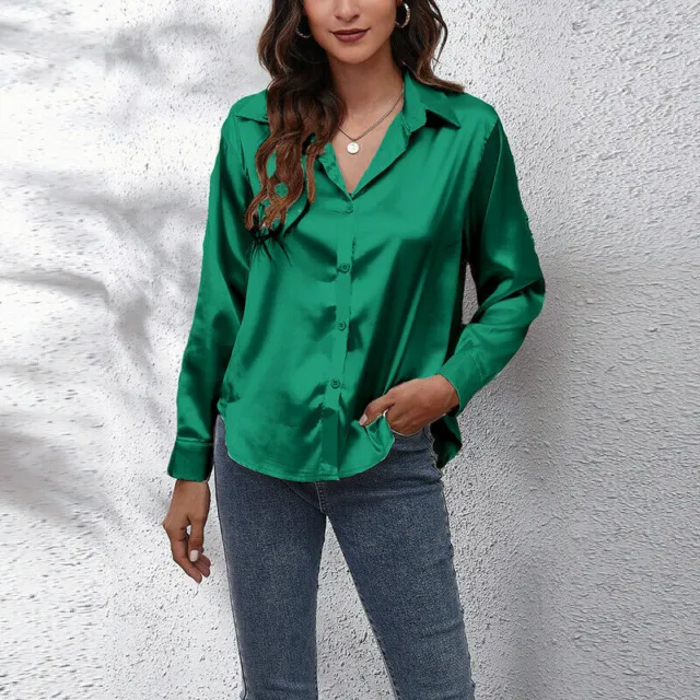 Women's Long Sleeve Satin Silk Lapel Shirts Office Ladies OL Button Blouse Top