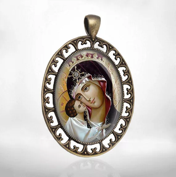 Mother of God Theotokos Large Pendant. Orthodox Virgin Mary Medal Russian Icon