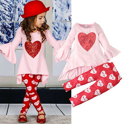 Bambini Baby Girl San Valentino a maniche lunghe Con stampa a cuore Top + Pant Leggings Outfit