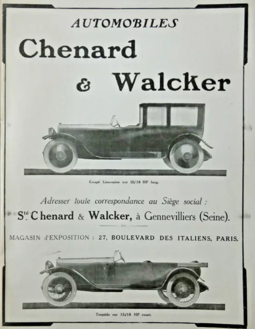 Publicité 1920 Automobiles Chenard & Walcker Coupé Limousine Sur 15/18 Hp Long