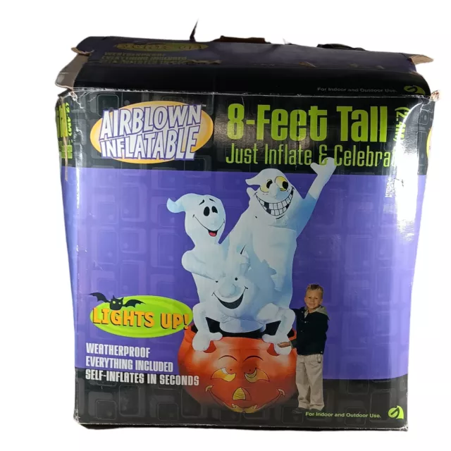 8' Gemmy Airblown Inflatable Light Up 3 Ghosts Pumpkin Jack O'Lantern Halloween