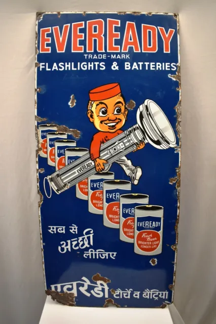 Vintage Eveready Flashlight & Batteries Sign Porcelain Enamel Advertising Rare"8