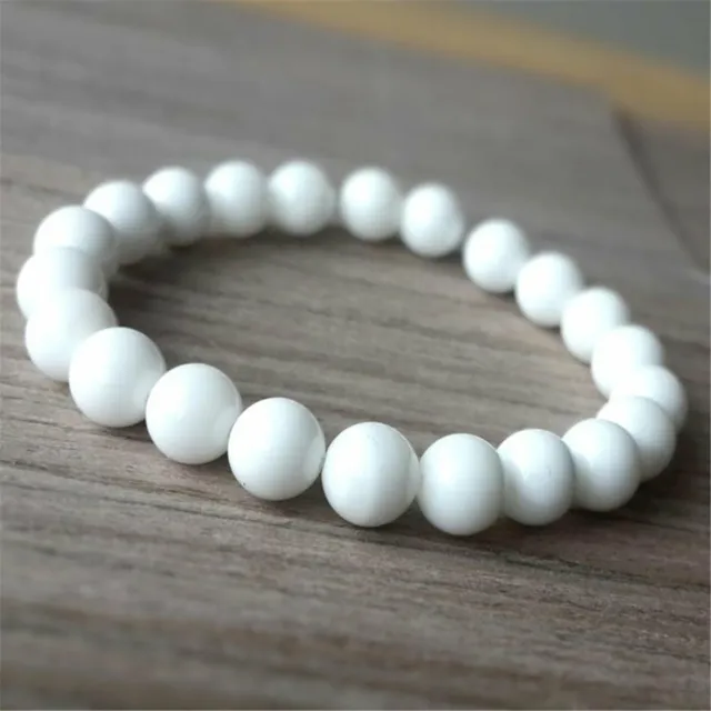8mm White Tridacna Beads Handmade Bracelet 7.5inch Lucky Religious Cuff Wrist