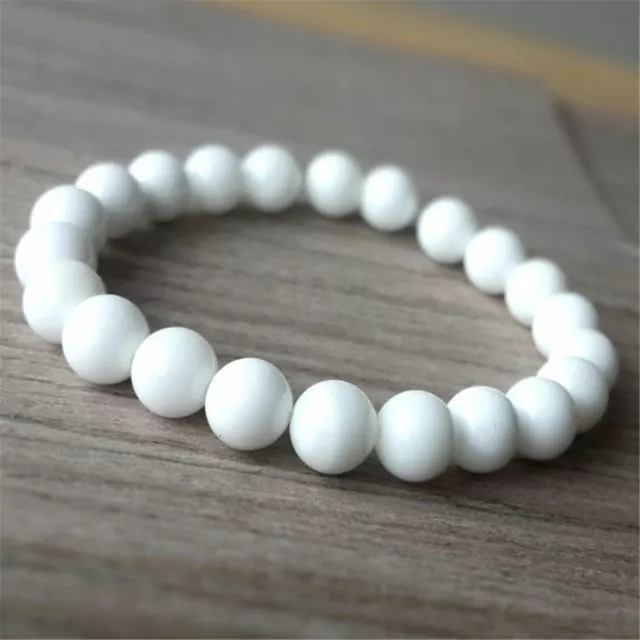 Bracelet 8 mm perles blanches Tridacna fait main 7,5 pouces poignet religieux chanceux