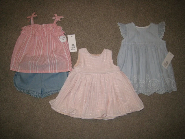 BNWT F&F BABY GIRLS 3 x OUTFIT SET - DRESS & SHORTS  - BUNDLE LOT - 3-6 MONTHS