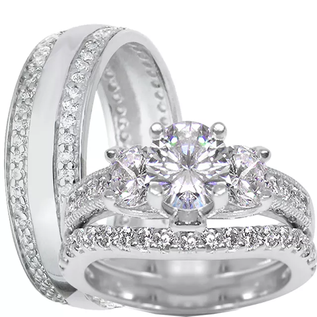 His Her Sterling Silver Wedding Ring Set