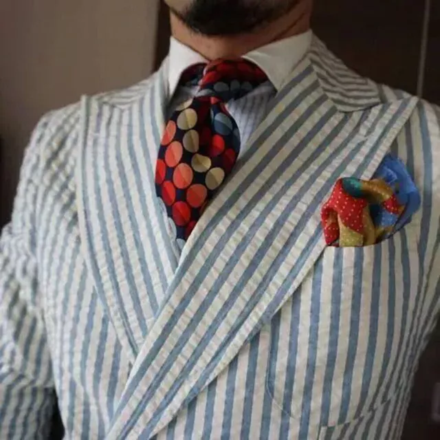 Mens Seersucker Suits Double-breasted Peak Lapel Casual Sport Wedding Groom Suit