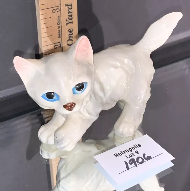 Vintage Ceramic White Persian Cat Figurine Blue Eyes Pink Ears