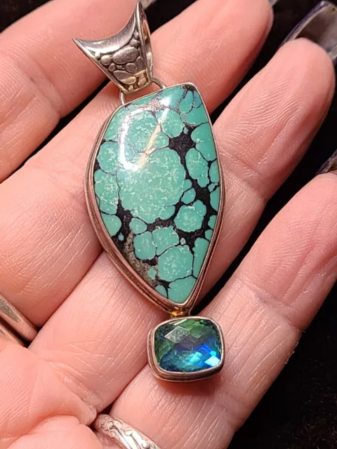 Gorgeous SARDA Turquoise And Topaz 925 Sterling Silver Pendant From Bali