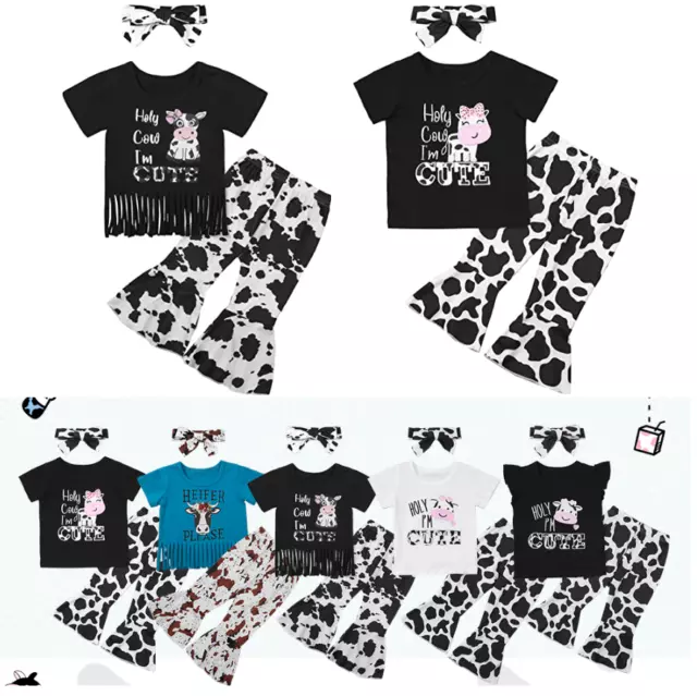 Toddler Baby Girl Outfits Cow Clothes Summer Short Sleeve Tops+Bell Bottom Pants