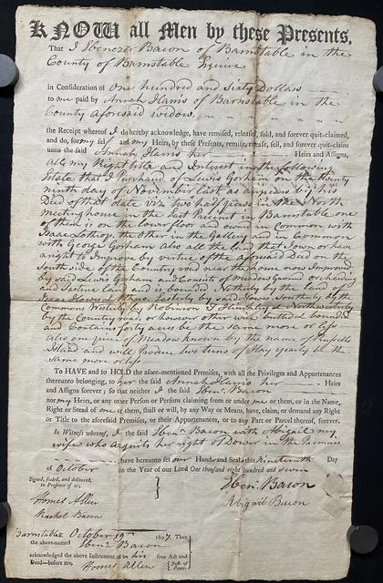 1807 Ebenezer Bacon Barnstable, Massachusetts Historical Document Signed MA