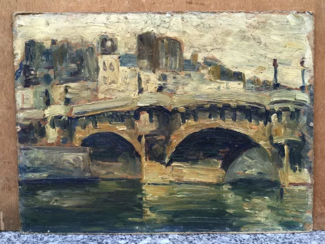 Tableau Ancien Huile Paysage Paris Bord de Seine Pont Neuf Maisons Fin XIXe