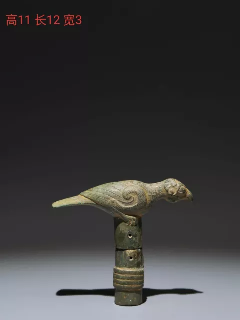 4.8" Old Chinese Bronze ware Shang Dynasty walking stick head Statue Sculpture 3