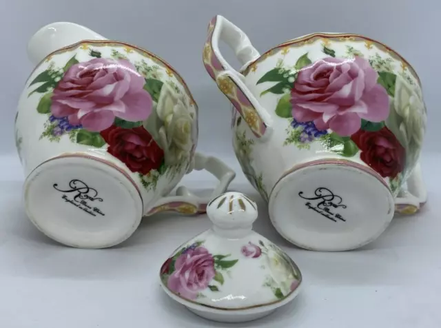 Milk Jug Sugar Bowl Royal Bone China England Rose Fine Lattice White Pink 2