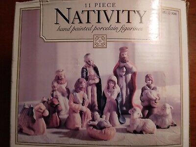 Vintage 11pc Nativity Scene Figures Set Hand Painted Porcelain ~ In Original Box