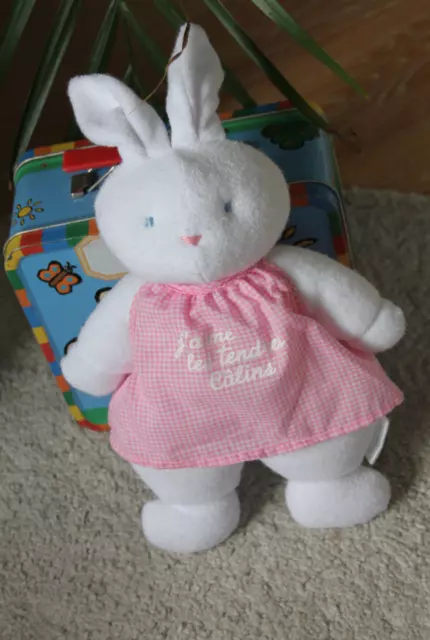 doudou peluche KLORANE  LAPIN BLANC EPONGE ROSE j'aime les tendres câlins TTBE