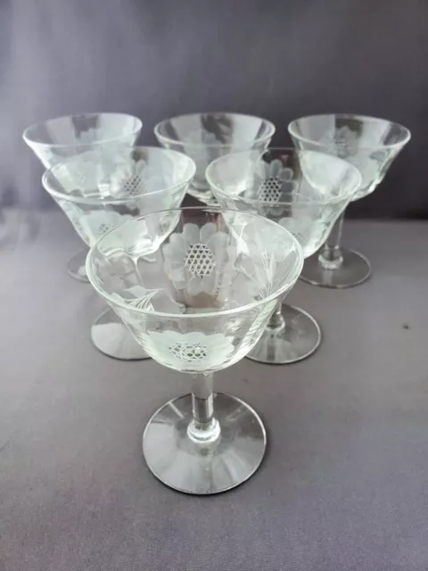 6 Vintage WJ Hughes Cornflower Cut Tiffin Glass Liquor Cocktail Glasses 4 1/16"