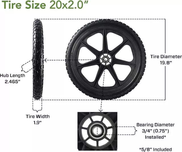Flat Free 20 inch Replacement Cart Tire Assembly for Rubbermaid Big Wheel Carts