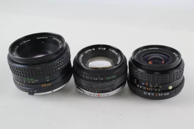 3 x OBIETTIVI FOTOCAMERA Inc Minolta 50 mm f/1.7, Pentax 28 mm f/2.8 & Olympus 50 mm f/1.8