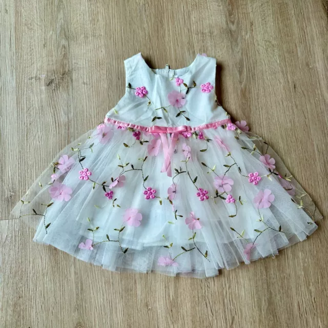 NWT Popatu Baby Girl Formal Pink Floral Sleveless Tulle Dress, Size 12 Months