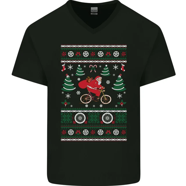 T-shirt ciclismo Babbo Natale ciclista da uomo collo a V cotone