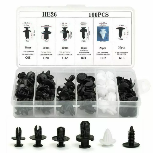 100x 6sizes Set Bumper Fender Liner Push Type Retainer Clips for Ford Cars