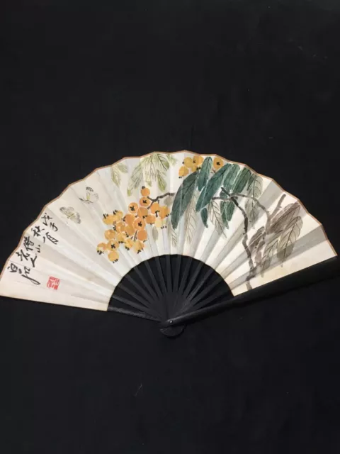 Old Antique Chinese Fan Hand Painted and Signed by Artist Calligraphy Qi Baishi